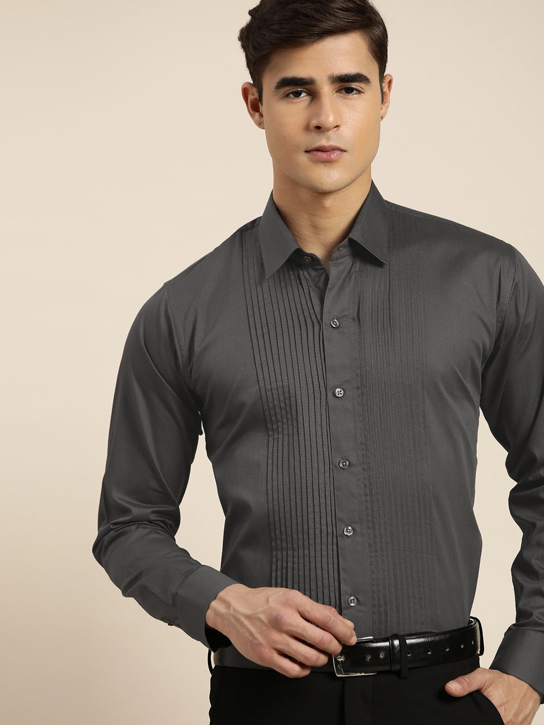 Men Grey Solid Pure Cotton Slim fit Tuxedo Party Shirt - #folk republic#