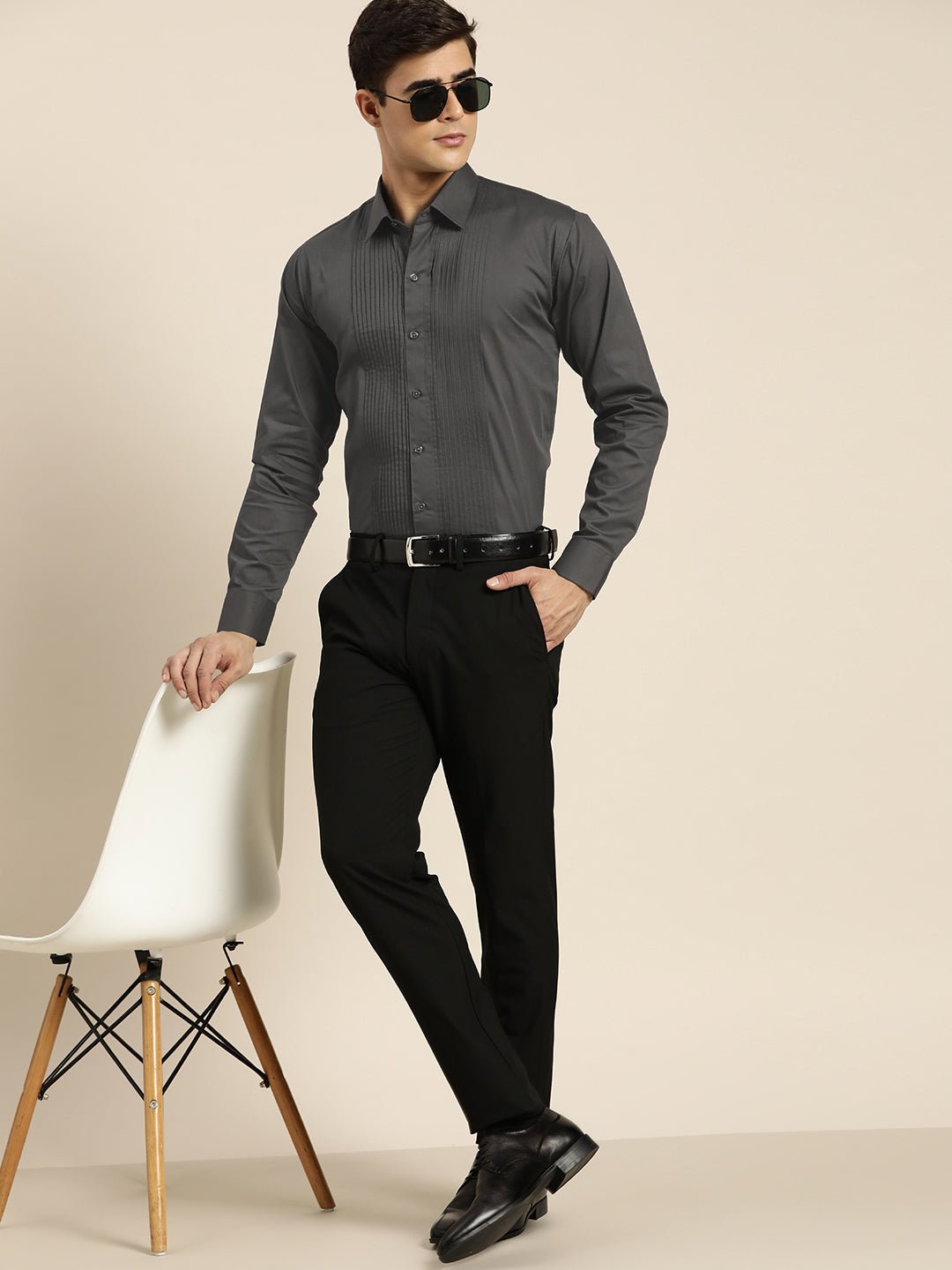 Men Grey Solid Pure Cotton Slim fit Tuxedo Party Shirt - #folk republic#