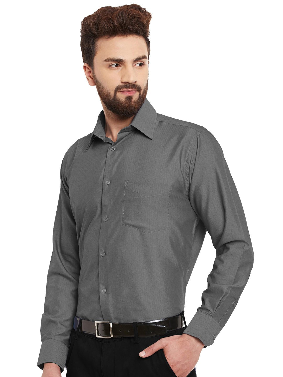 Men Grey Solid Slim Fit Pure Cotton Formal Shirt - #folk republic#