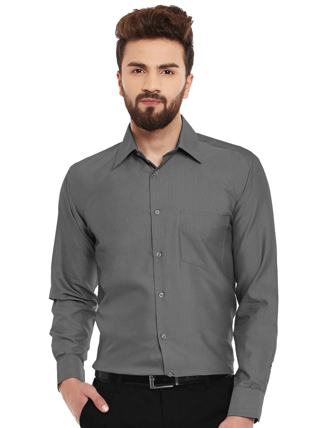 Men Grey Solid Slim Fit Pure Cotton Formal Shirt - #folk republic#