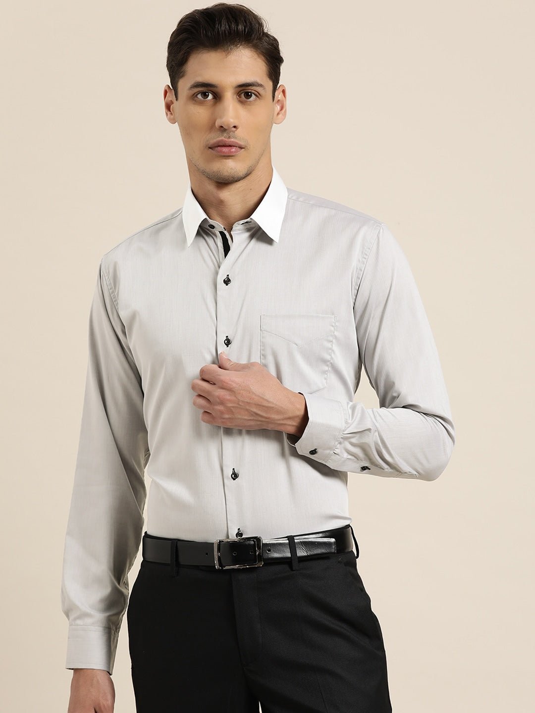 Men Grey Solid White Collar Pure Cotton Slim Fit Formal Shirt - #folk republic#