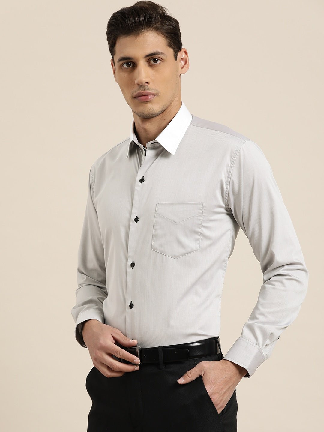 Men Grey Solid White Collar Pure Cotton Slim Fit Formal Shirt - #folk republic#