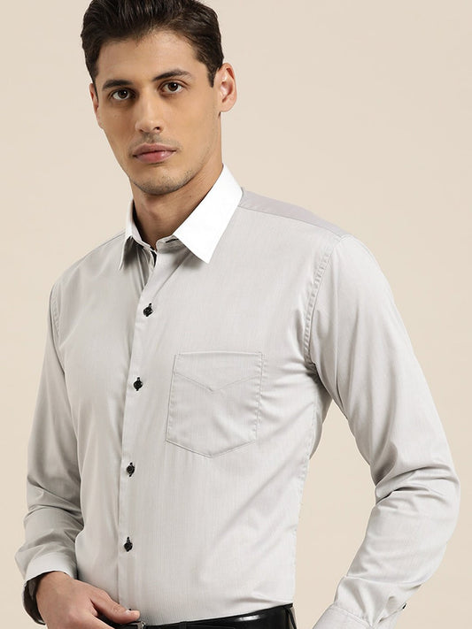 Men Grey Solid White Collar Pure Cotton Slim Fit Formal Shirt - #folk republic#