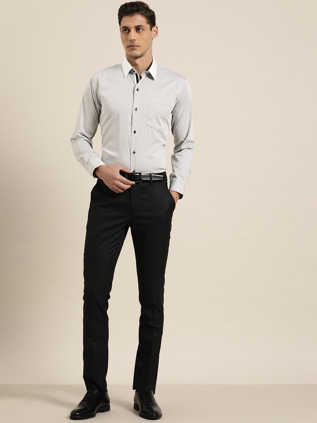 Men Grey Solid White Collar Pure Cotton Slim Fit Formal Shirt - #folk republic#
