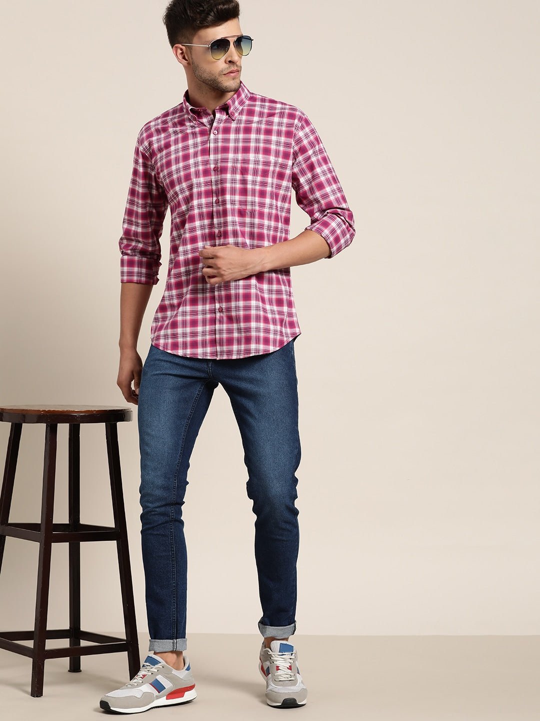 Men Magenta & White Checked Pure Cotton Slim Fit Casual Shirt - #folk republic#