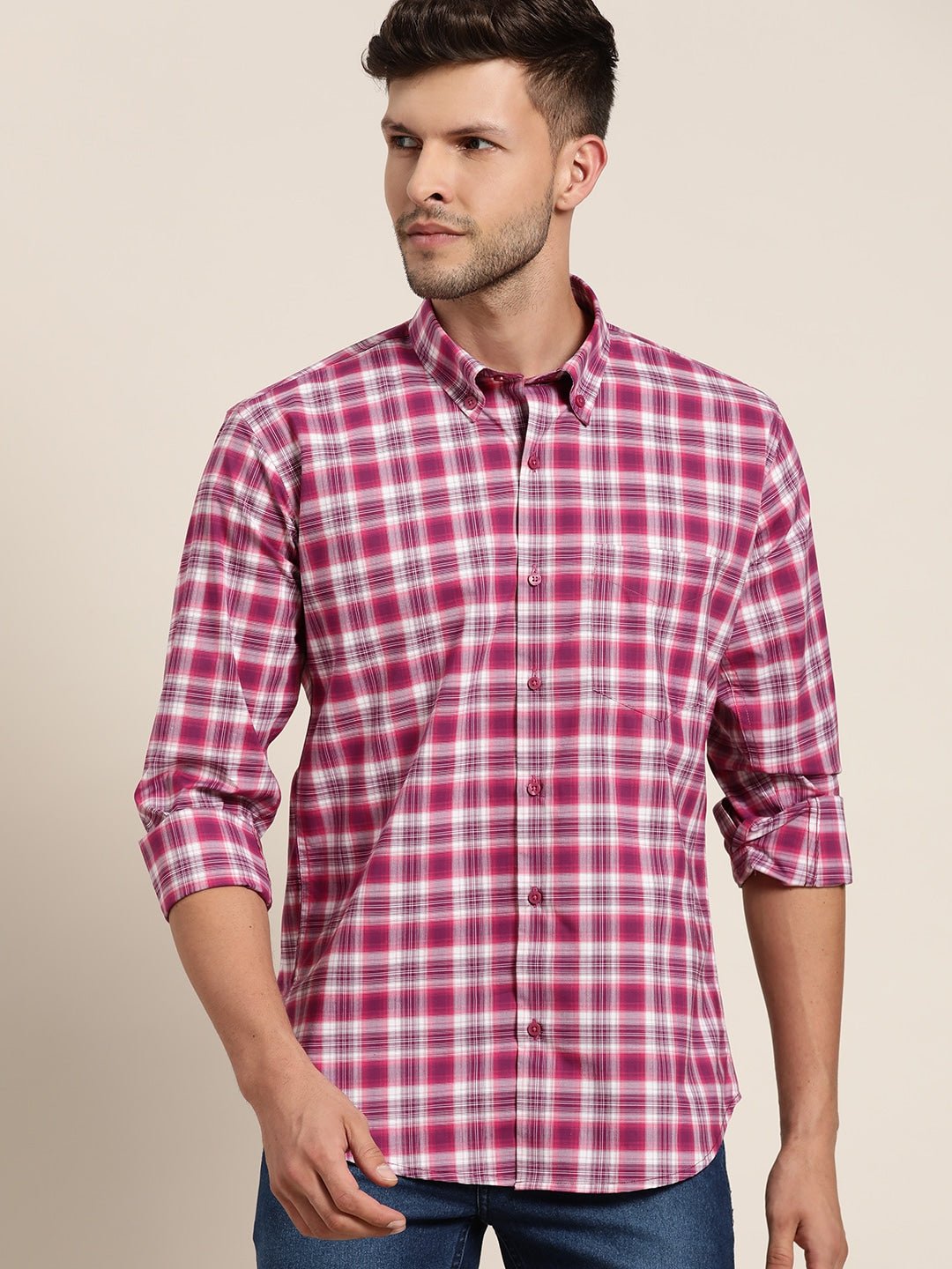 Men Magenta & White Checked Pure Cotton Slim Fit Casual Shirt - #folk republic#