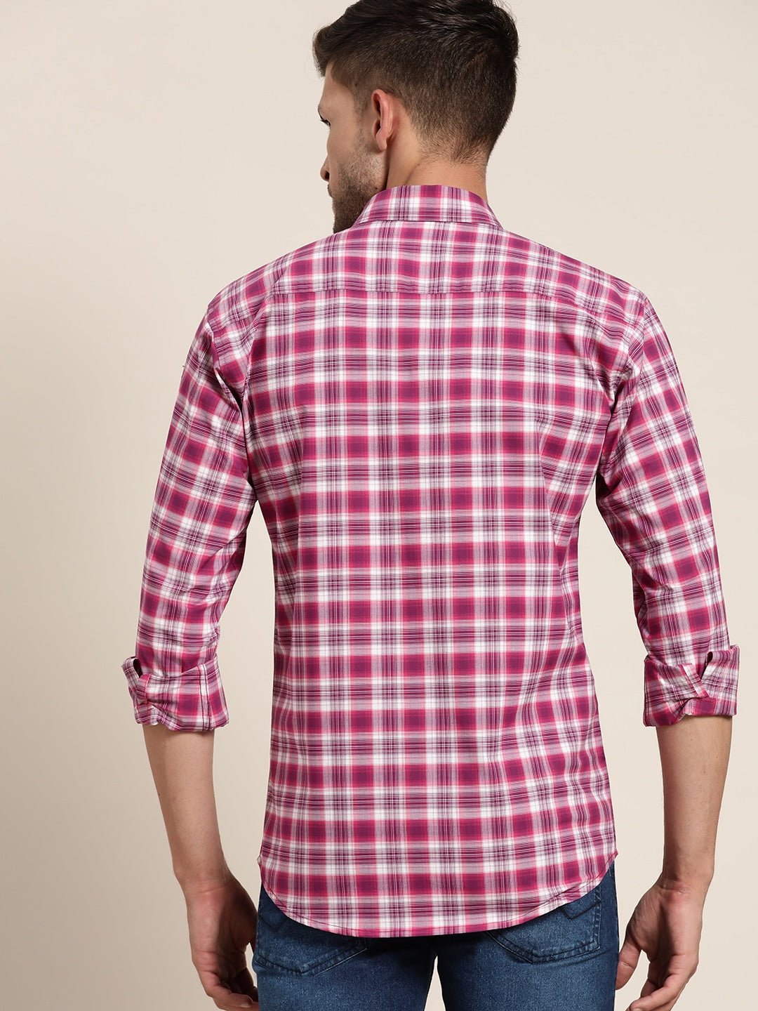 Men Magenta & White Checked Pure Cotton Slim Fit Casual Shirt - #folk republic#