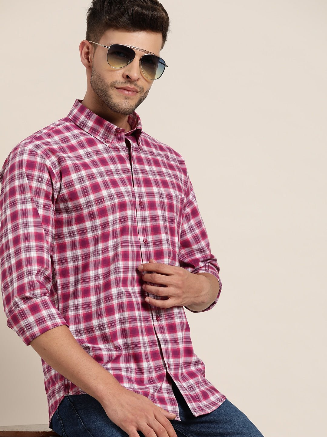 Men Magenta & White Checked Pure Cotton Slim Fit Casual Shirt - #folk republic#