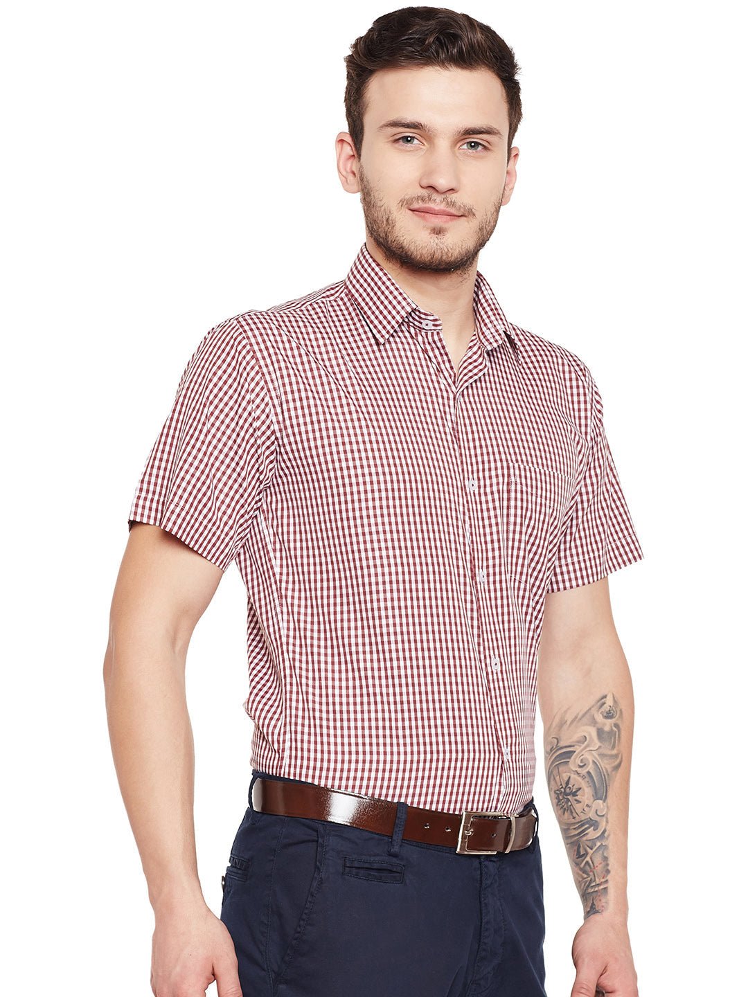 Men Maroon Checked Slim Fit Formal Shirt - #folk republic#