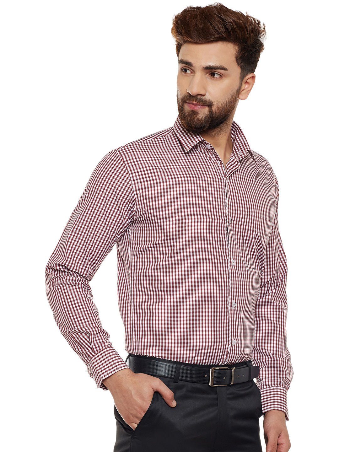 Men Maroon Checked Slim Fit Formal Shirt - #folk republic#