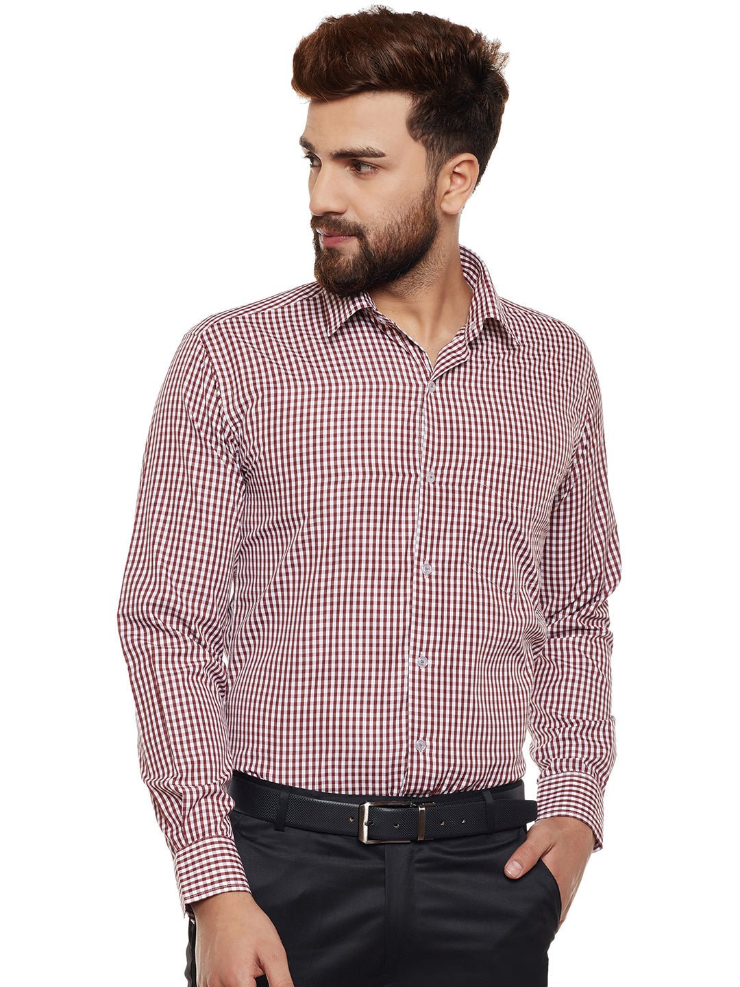 Men Maroon Checked Slim Fit Formal Shirt - #folk republic#