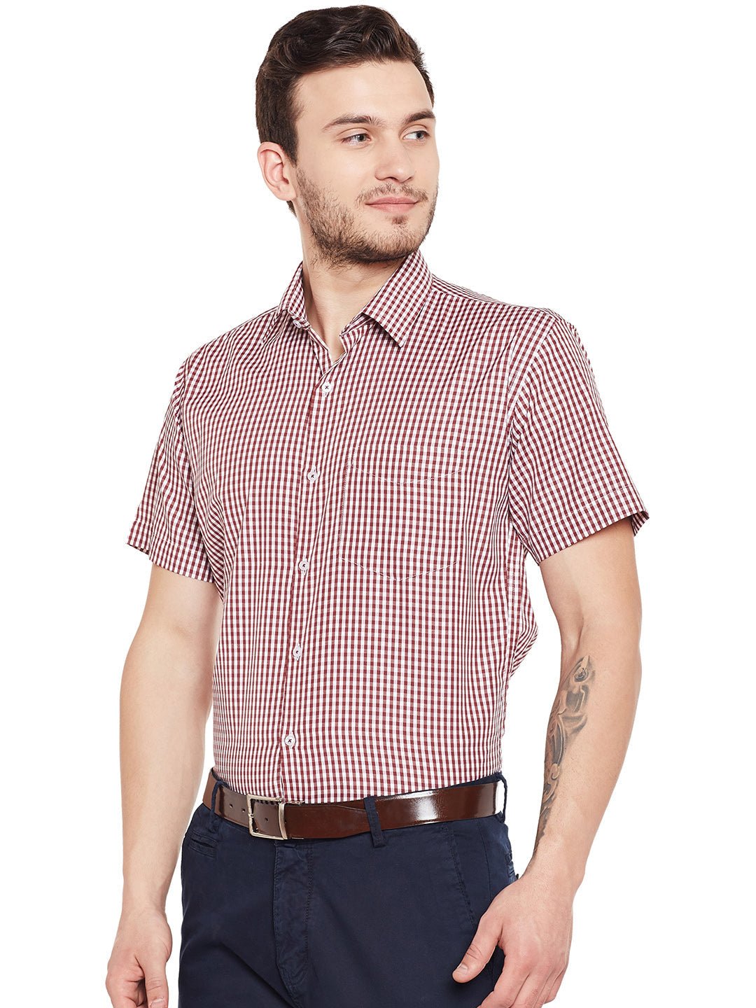 Men Maroon Checked Slim Fit Formal Shirt - #folk republic#