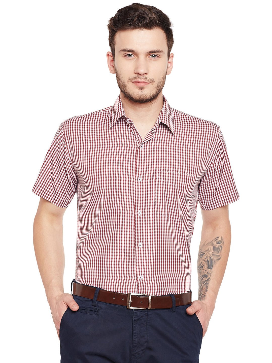 Men Maroon Checked Slim Fit Formal Shirt - #folk republic#
