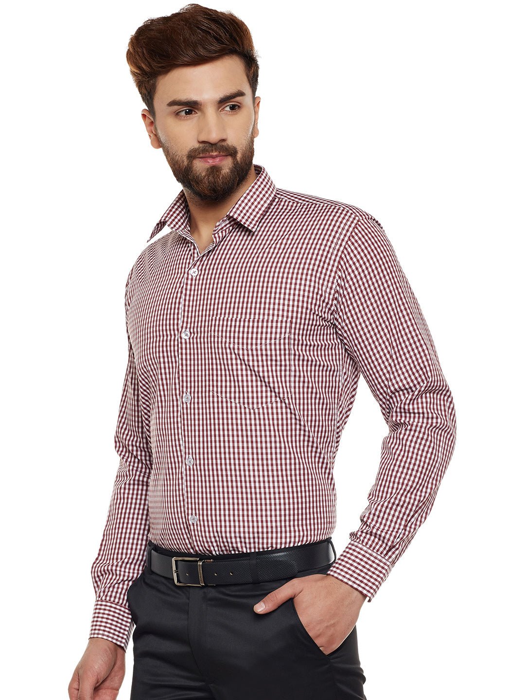 Men Maroon Checked Slim Fit Formal Shirt - #folk republic#