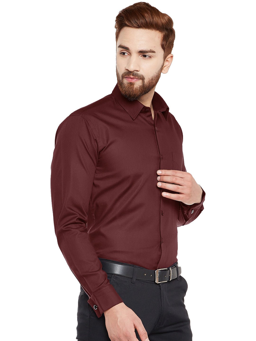 Men Maroon French Cuff Solid Pure Cotton Slim Fit Formal Shirt - #folk republic#