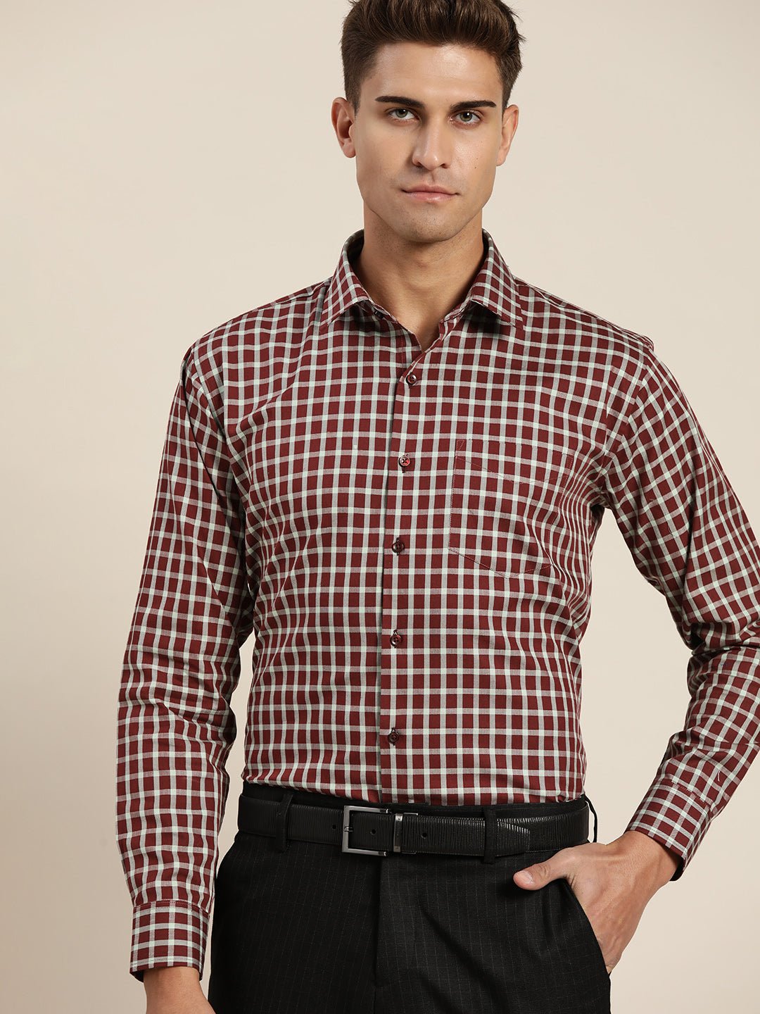 Men Maroon & Green Checks Pure Cotton Slim Fit Formal Shirt - #folk republic#