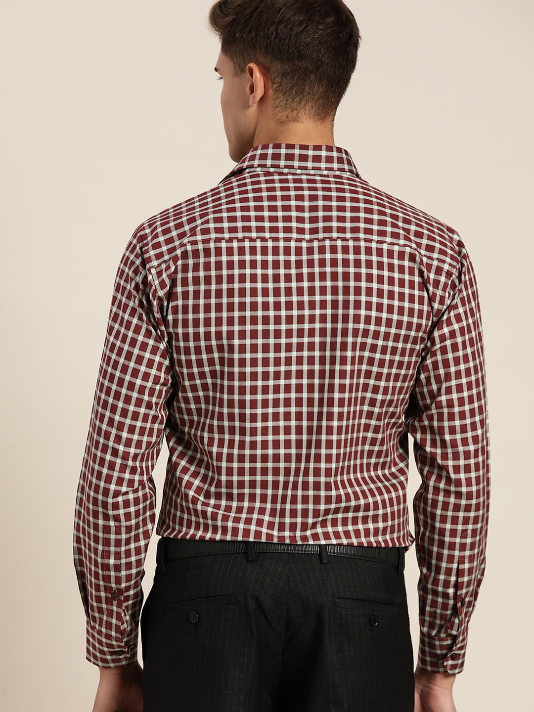 Men Maroon & Green Checks Pure Cotton Slim Fit Formal Shirt - #folk republic#