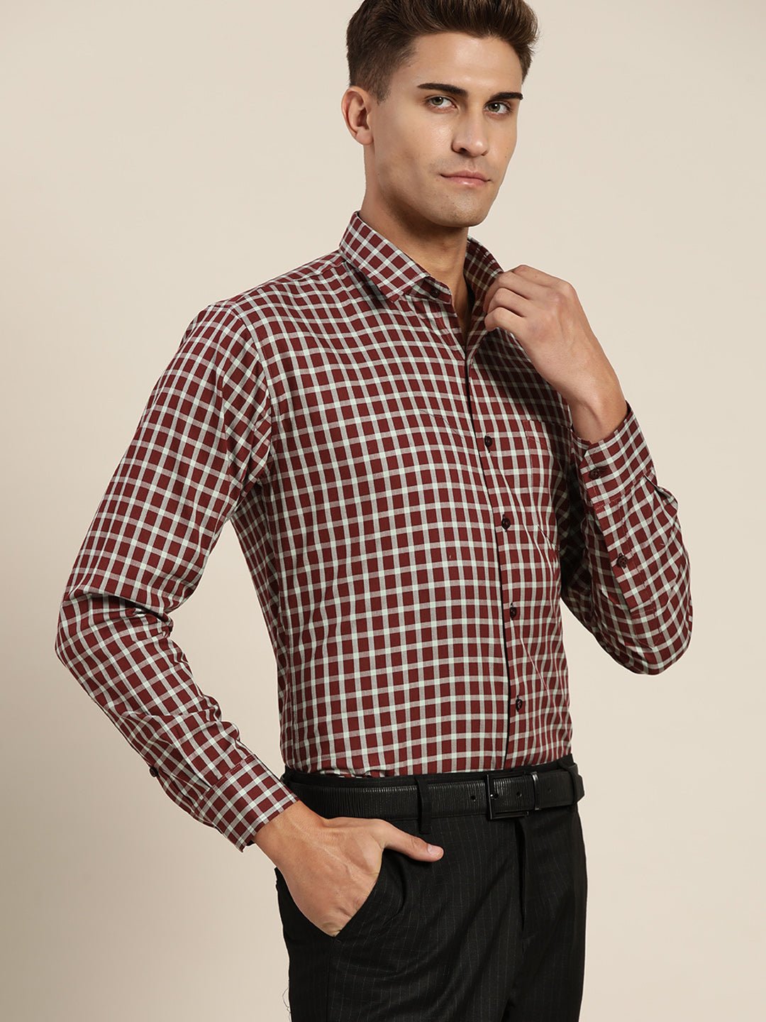Men Maroon & Green Checks Pure Cotton Slim Fit Formal Shirt - #folk republic#