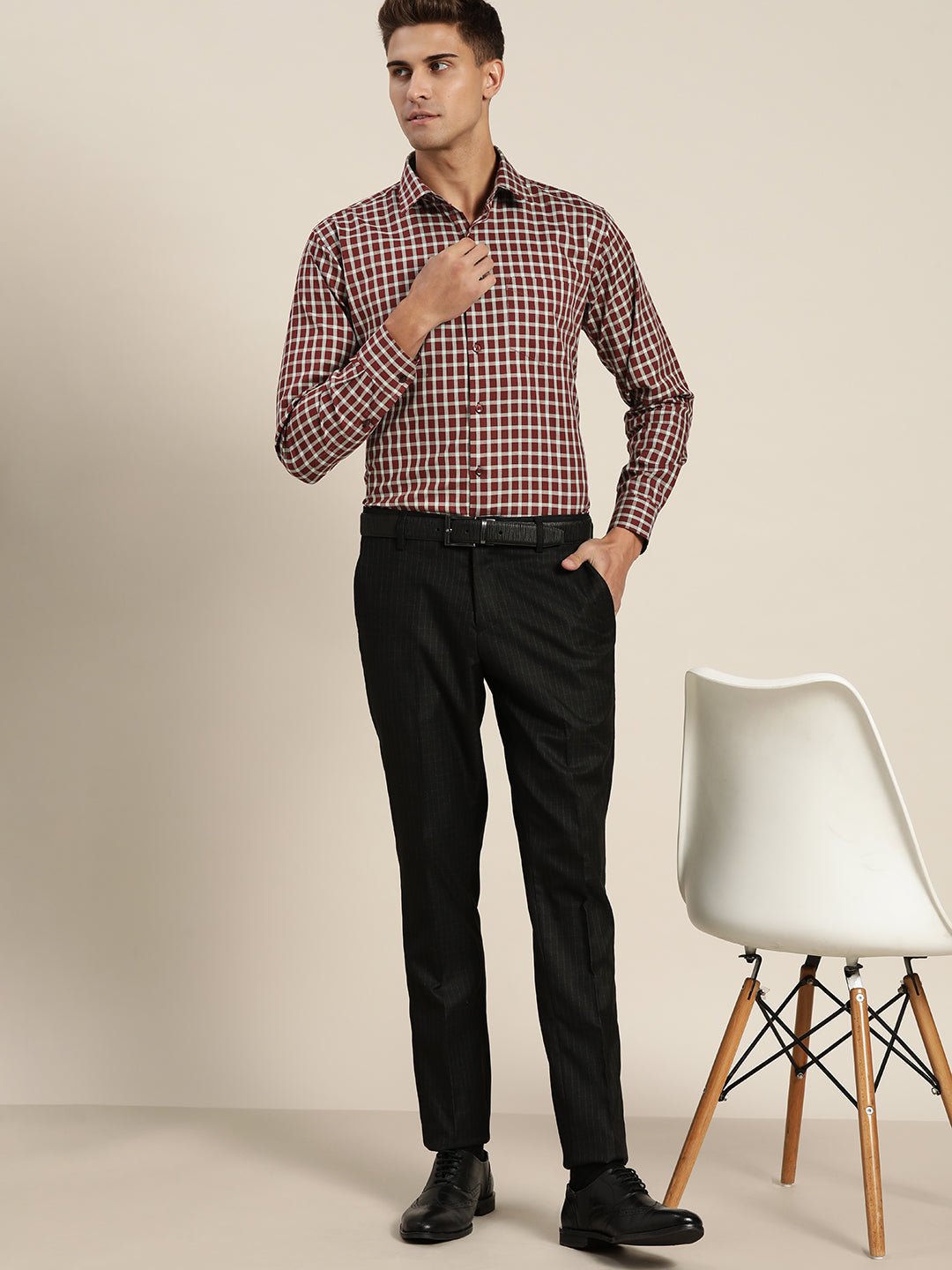 Men Maroon & Green Checks Pure Cotton Slim Fit Formal Shirt - #folk republic#