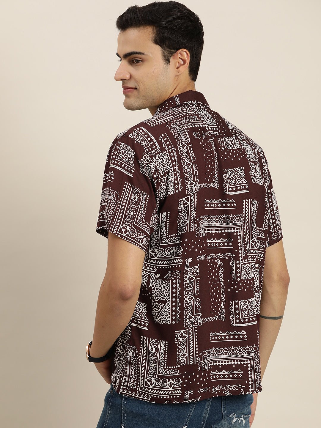 Men Maroon Print Viscose Rayon Relaxed Fit Casual Resort Shirt - #folk republic#