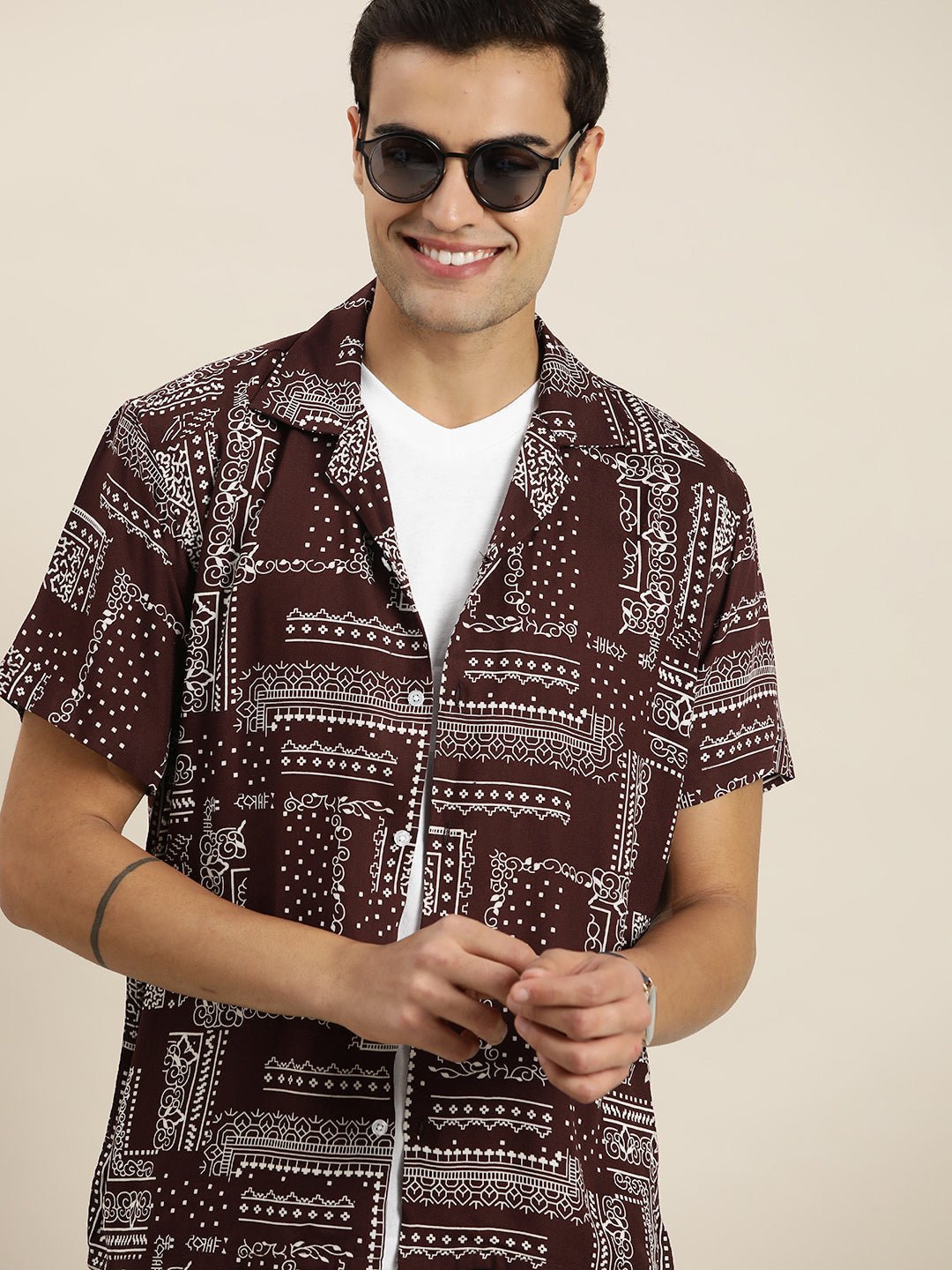 Men Maroon Print Viscose Rayon Relaxed Fit Casual Resort Shirt - #folk republic#