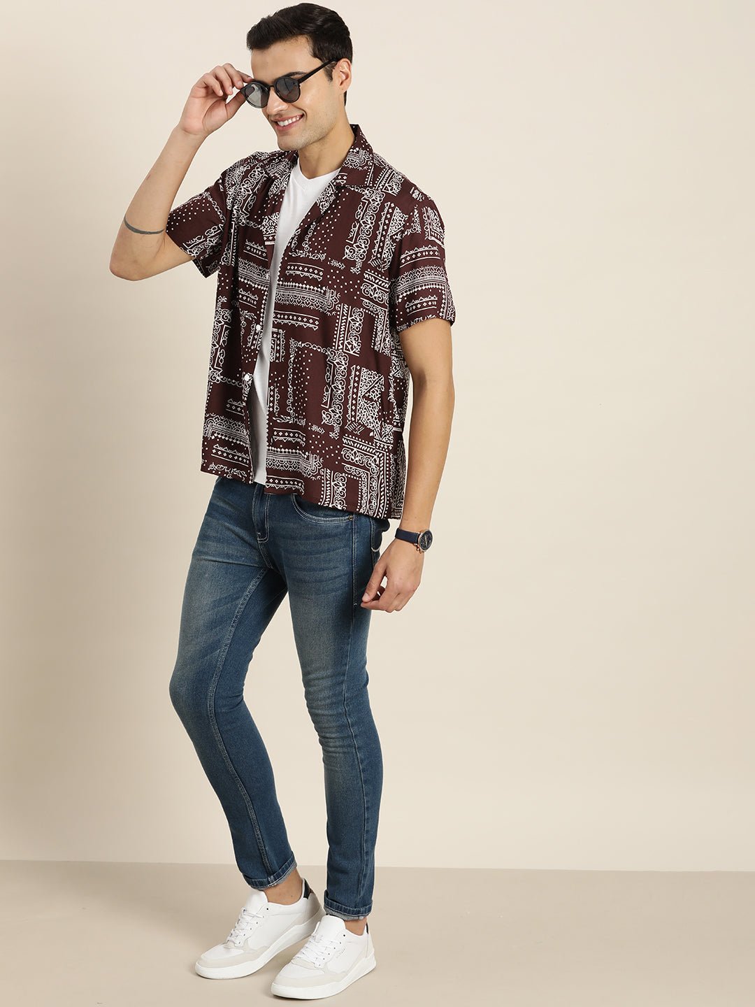 Men Maroon Print Viscose Rayon Relaxed Fit Casual Resort Shirt - #folk republic#