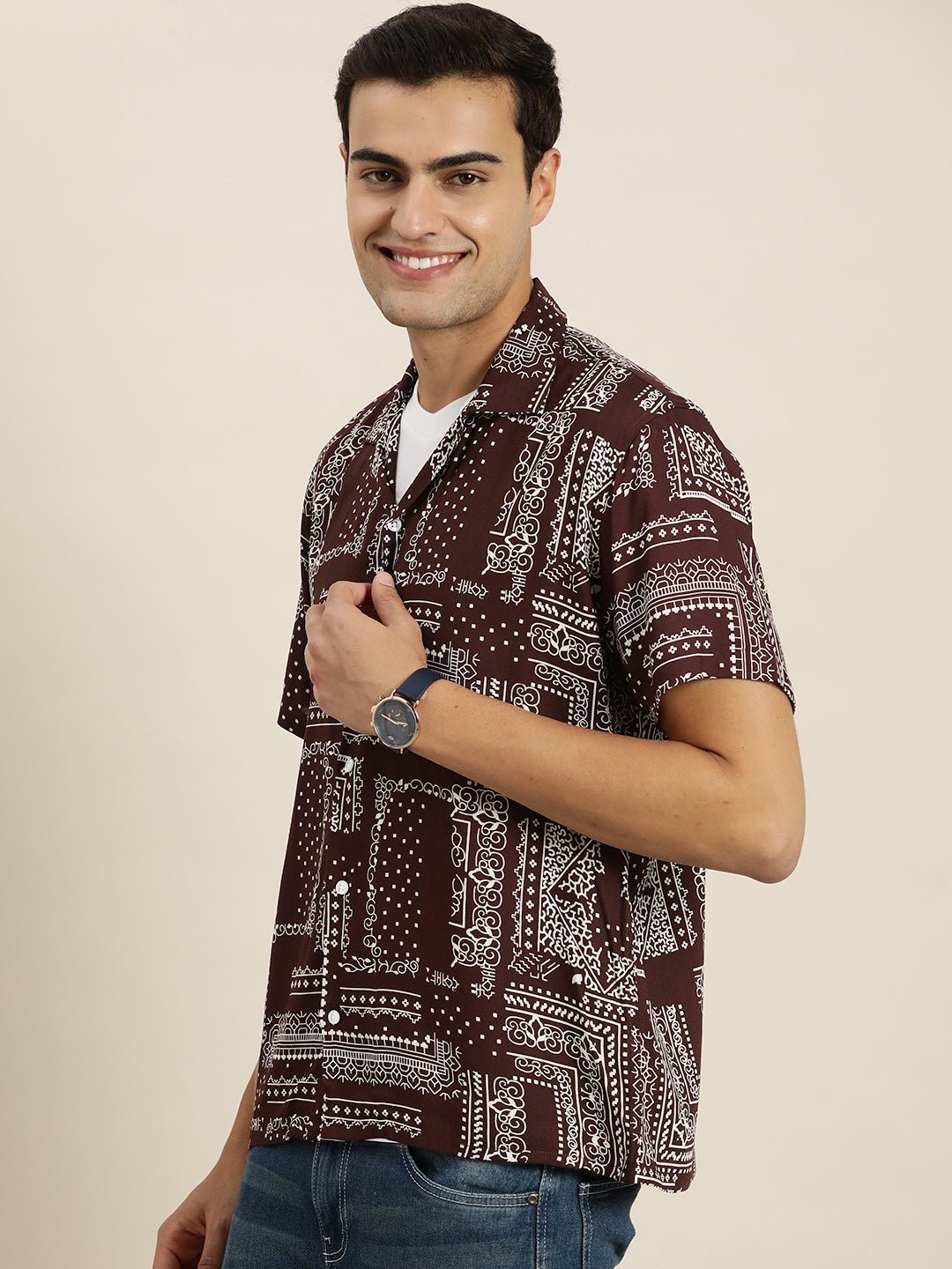 Men Maroon Print Viscose Rayon Relaxed Fit Casual Resort Shirt - #folk republic#