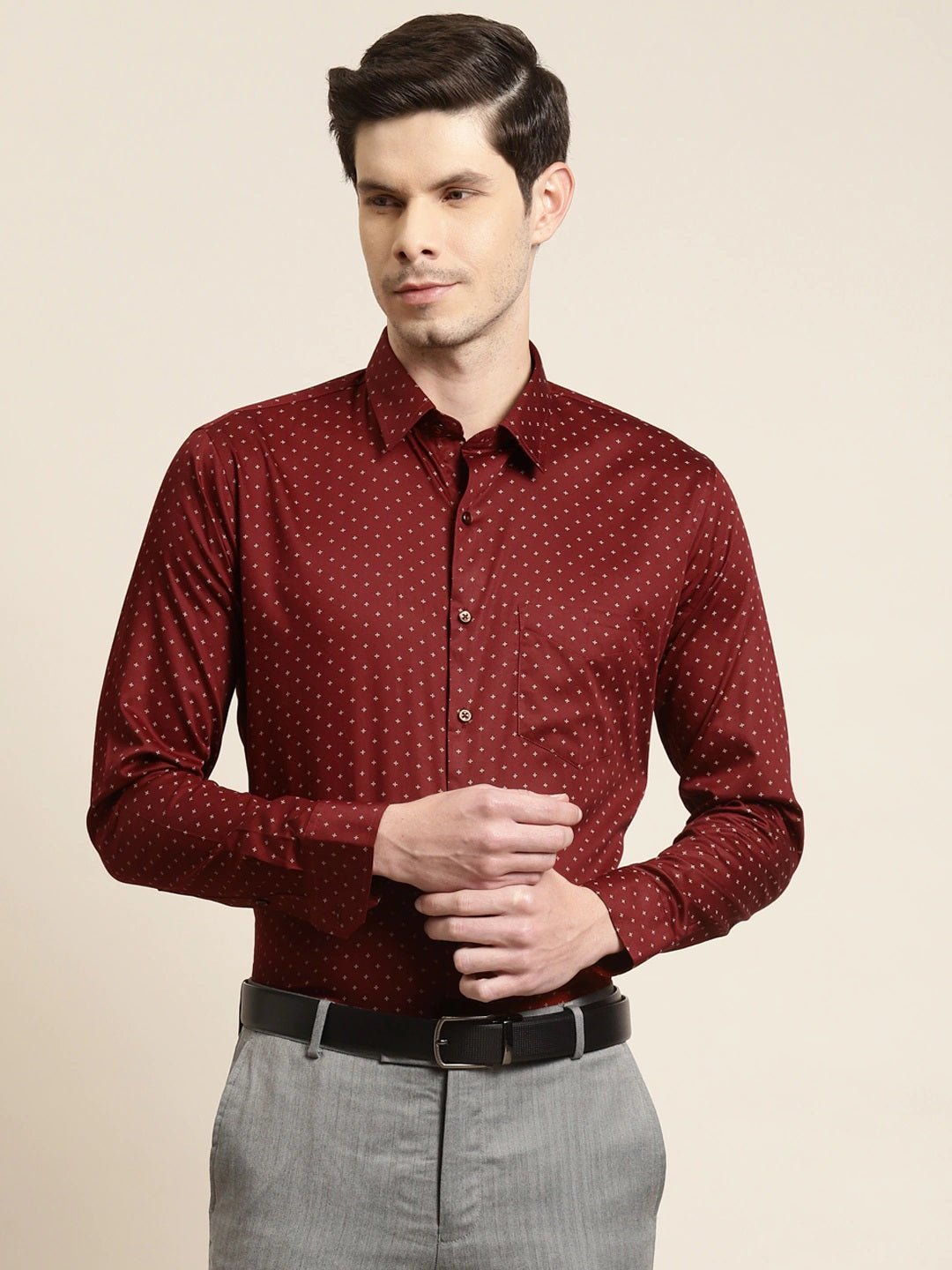 Men Maroon Prints Pure Cotton Slim Fit Formal Shirt - #folk republic#