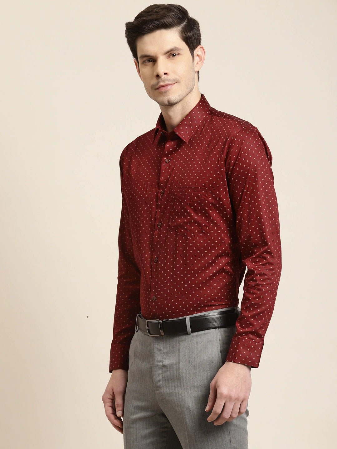 Men Maroon Prints Pure Cotton Slim Fit Formal Shirt - #folk republic#