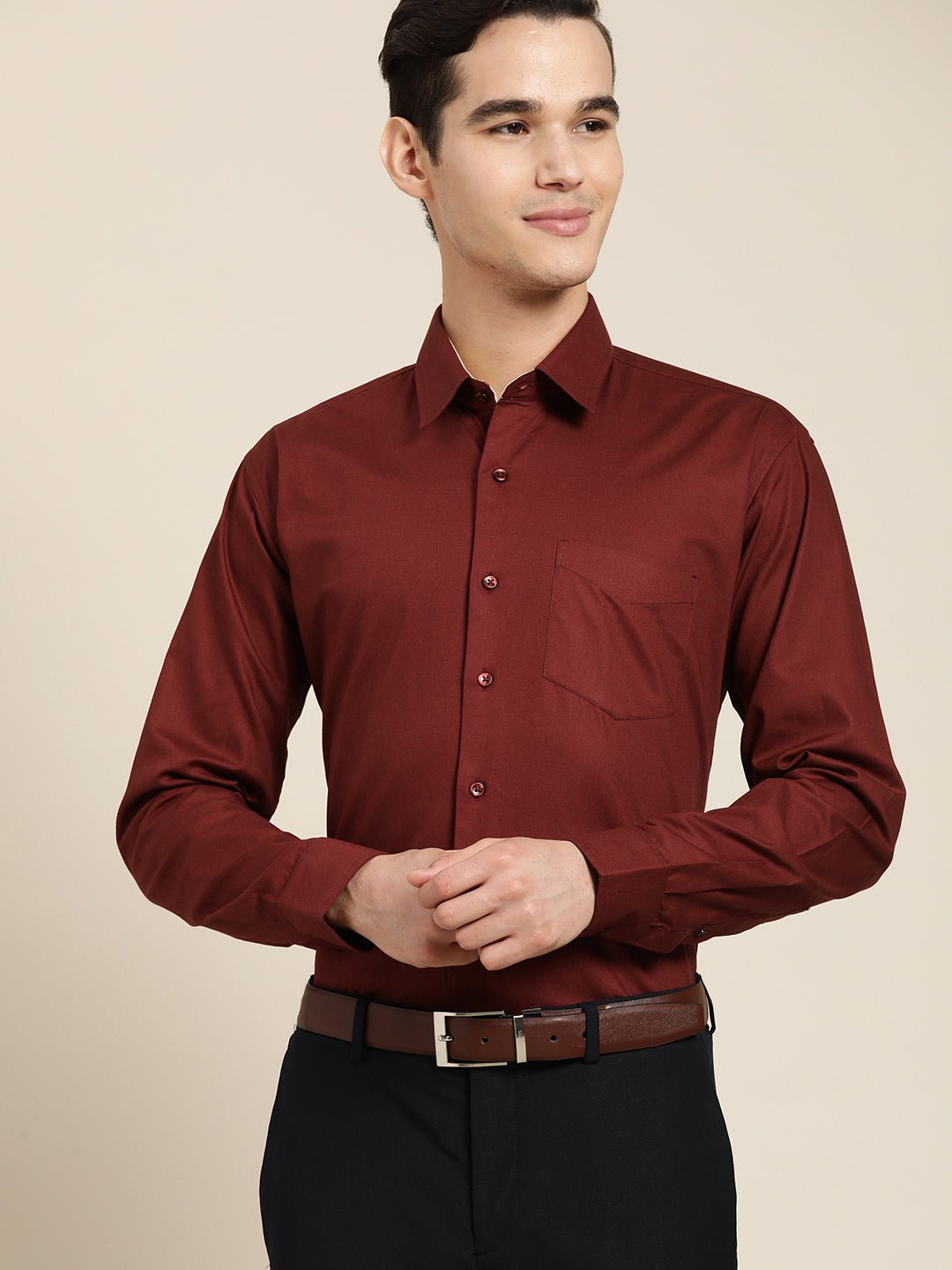 Men Maroon Slim Fit Solid Pure Cotton Formal Shirt - #folk republic#