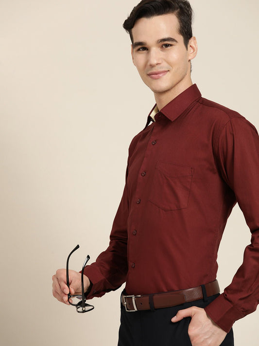 Men Maroon Slim Fit Solid Pure Cotton Formal Shirt - #folk republic#