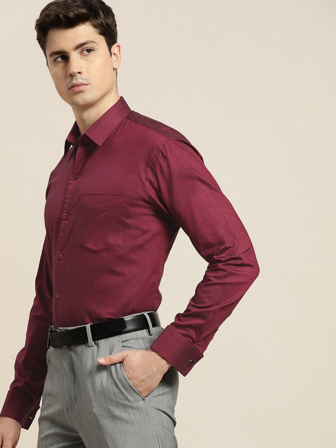 Men Maroon Solid Pure Cotton Slim Fit French Cuff Formal Shirts - #folk republic#