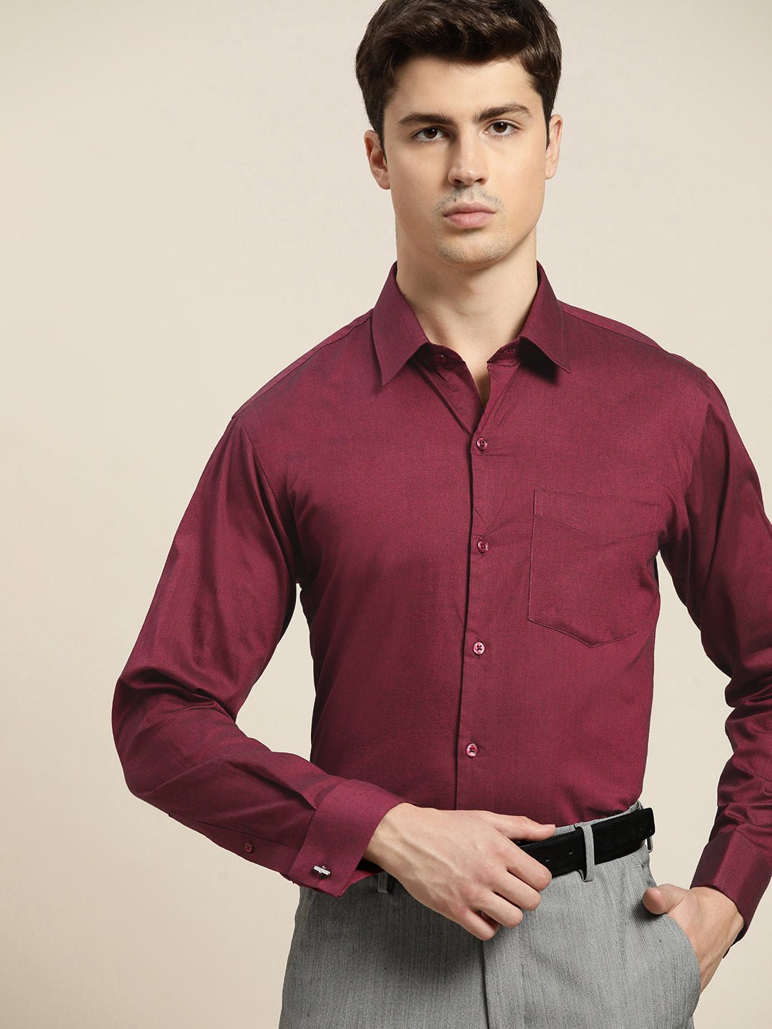 Men Maroon Solid Pure Cotton Slim Fit French Cuff Formal Shirts - #folk republic#