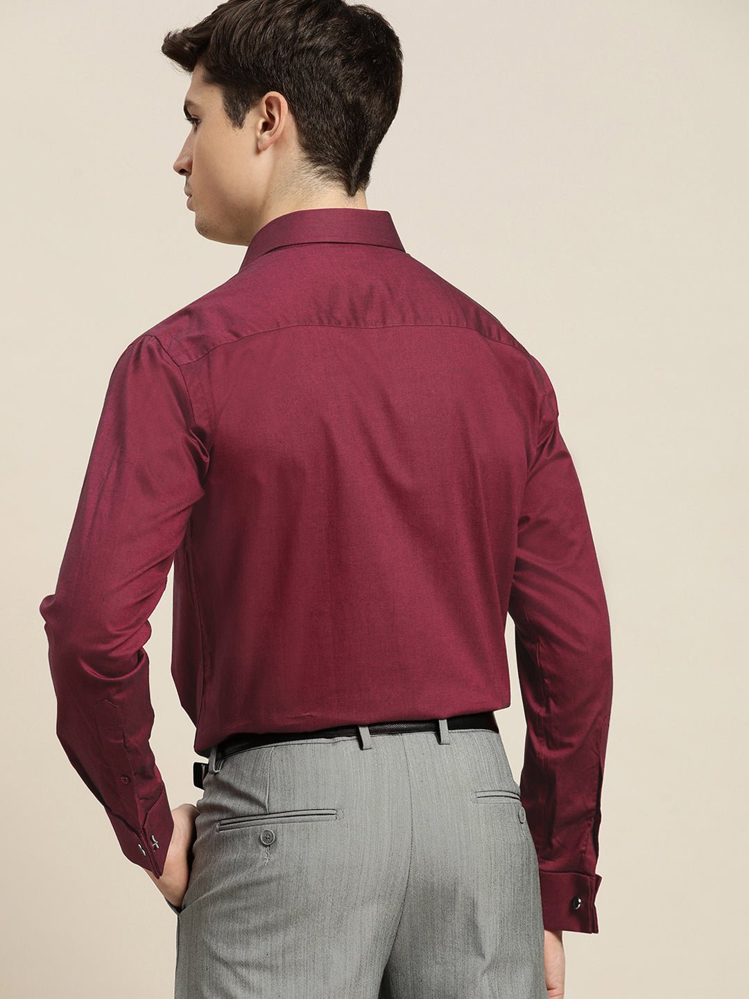 Men Maroon Solid Pure Cotton Slim Fit French Cuff Formal Shirts - #folk republic#