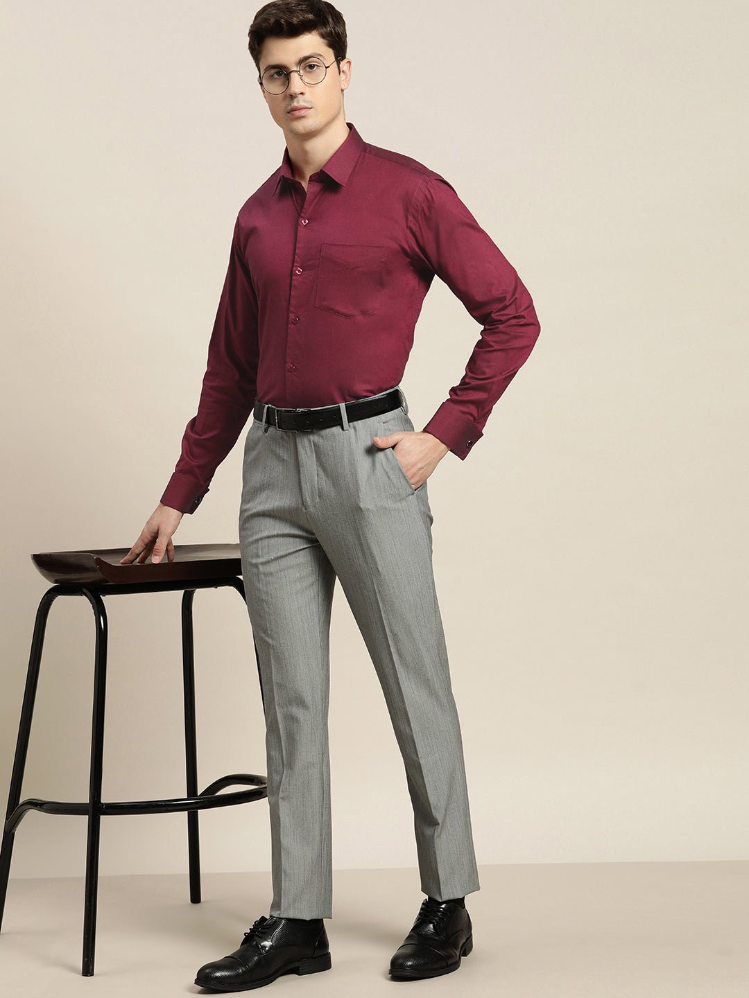 Men Maroon Solid Pure Cotton Slim Fit French Cuff Formal Shirts - #folk republic#