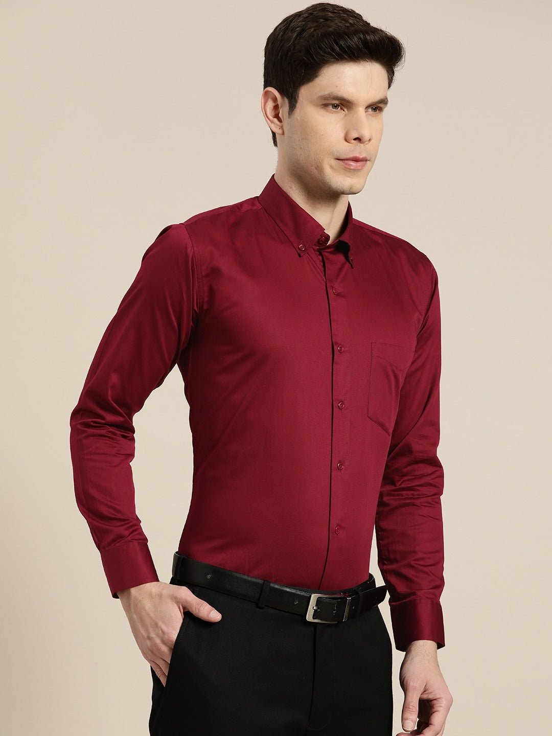 Men Maroon Solid Satin Pure Cotton Slim Fit Formal Shirt - #folk republic#