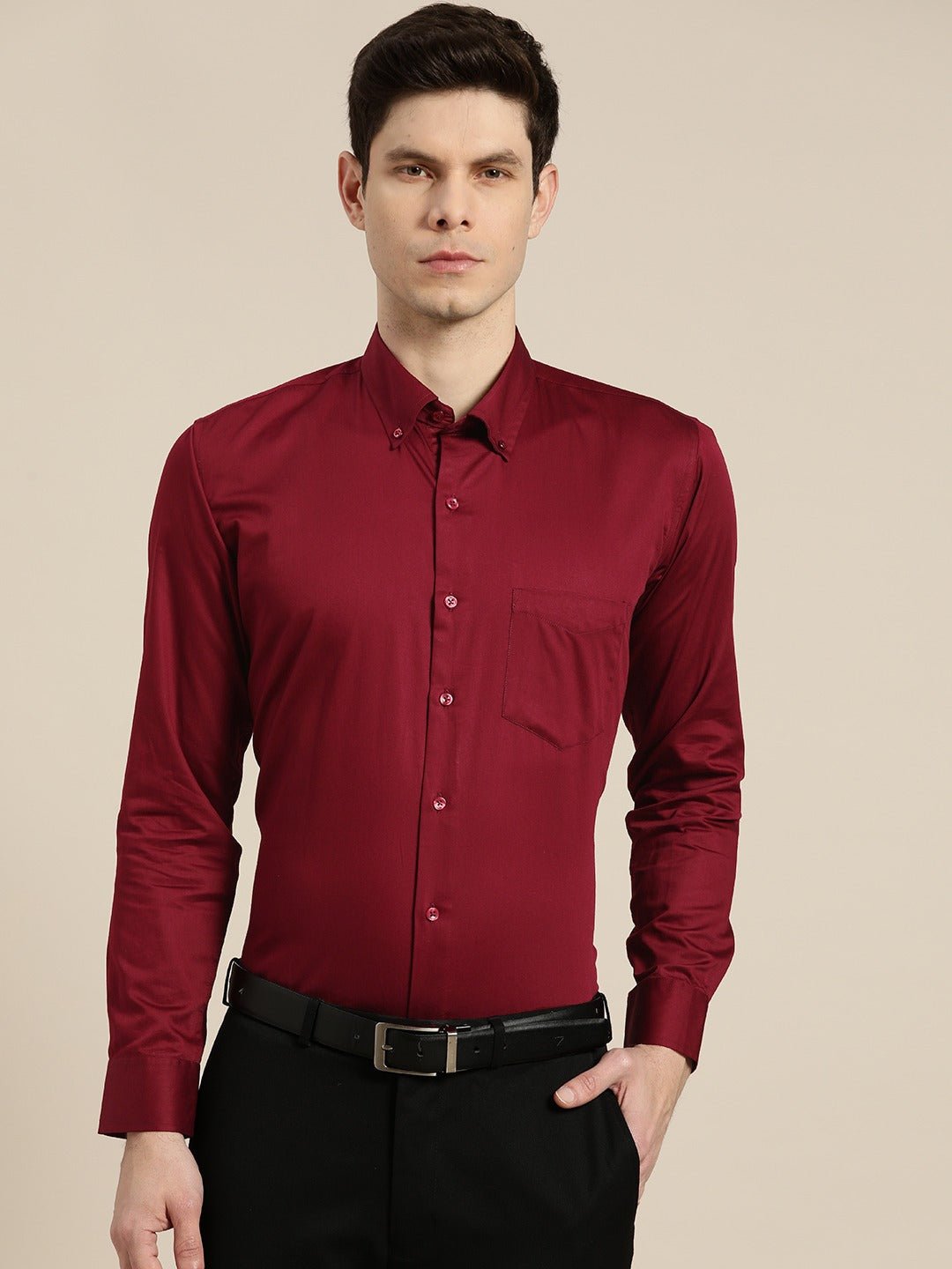 Men Maroon Solid Satin Pure Cotton Slim Fit Formal Shirt - #folk republic#