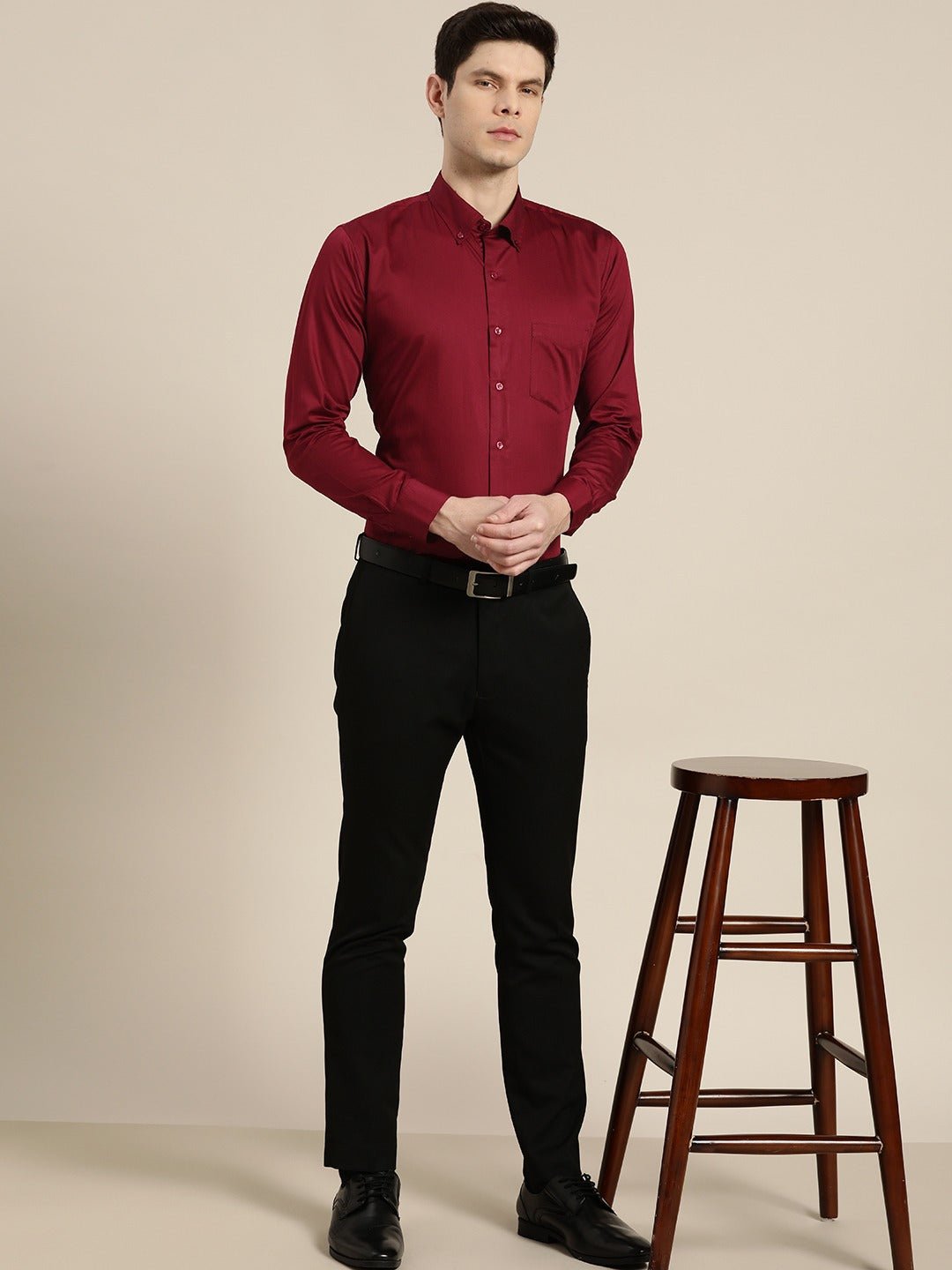 Men Maroon Solid Satin Pure Cotton Slim Fit Formal Shirt - #folk republic#