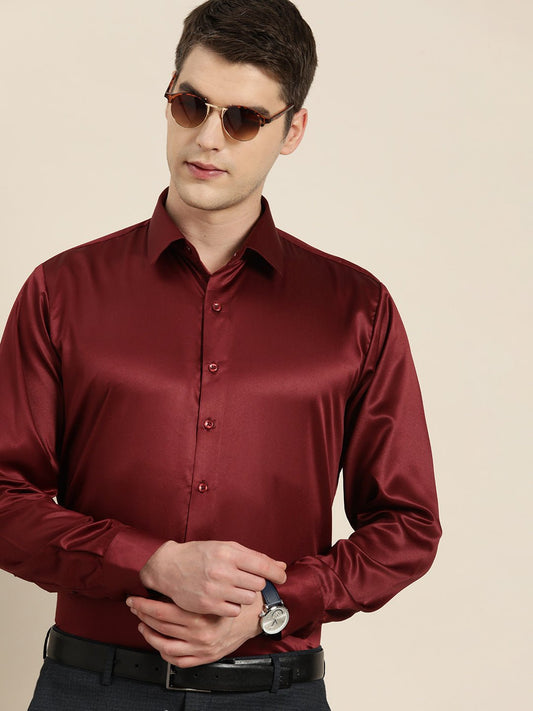 Men Maroon Solid Satin Tuxedo Slim fit Party Shirt - #folk republic#