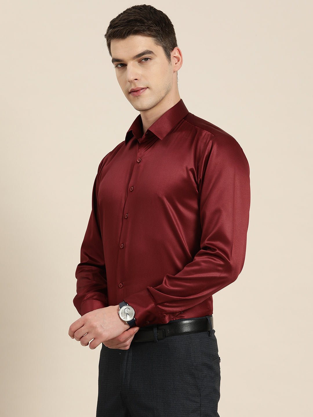 Men Maroon Solid Satin Tuxedo Slim fit Party Shirt - #folk republic#
