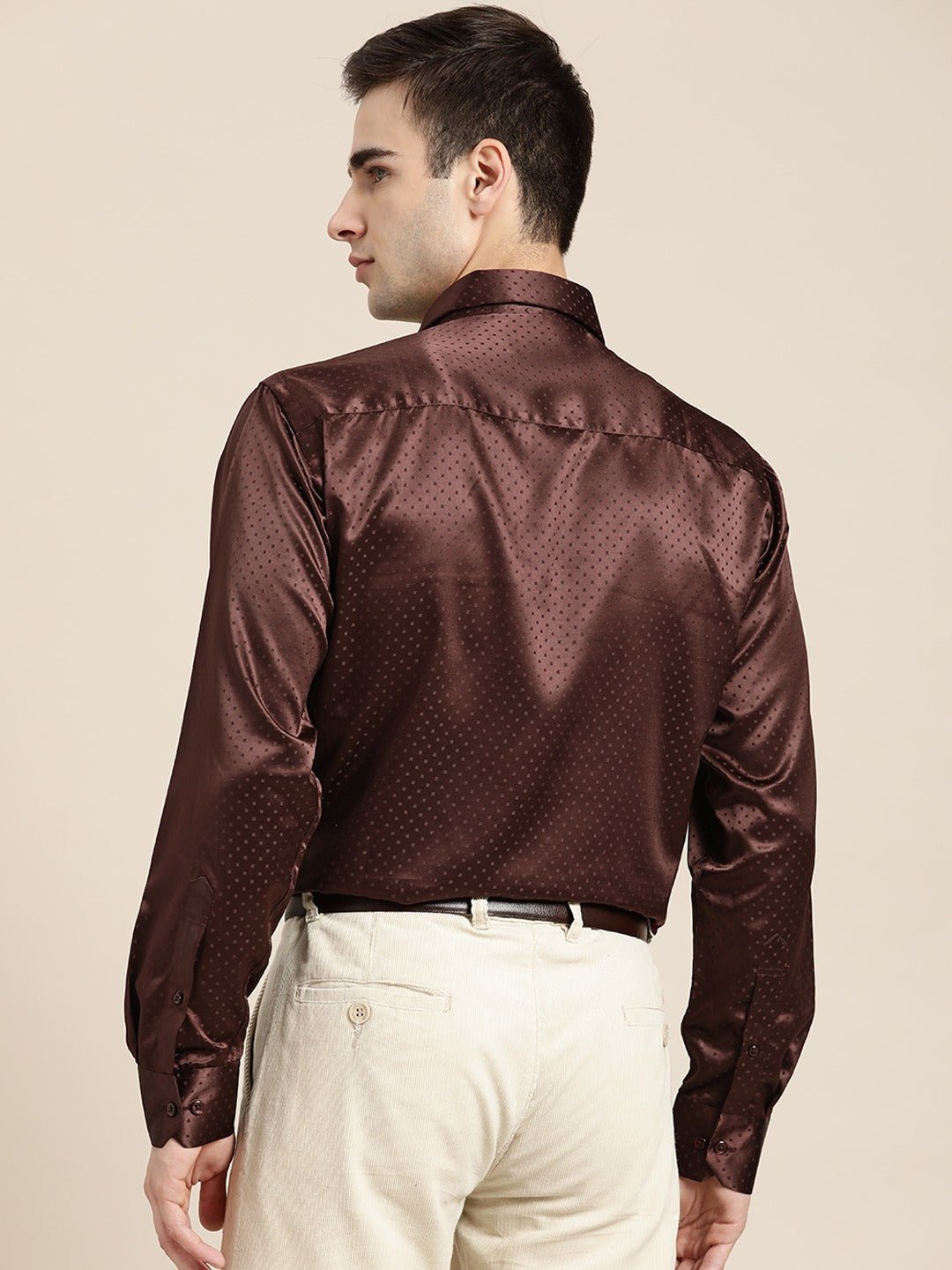 Men Maroon Solid Self Design Polyester Satin Slim Fit Party Shirt - #folk republic#
