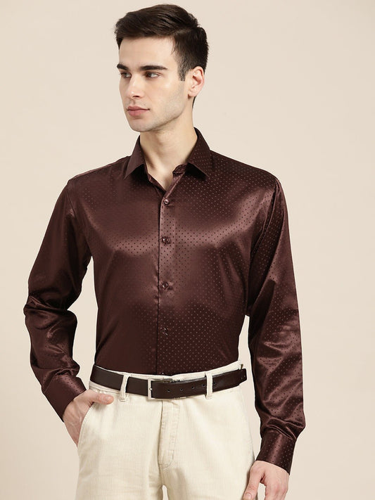 Men Maroon Solid Self Design Polyester Satin Slim Fit Party Shirt - #folk republic#