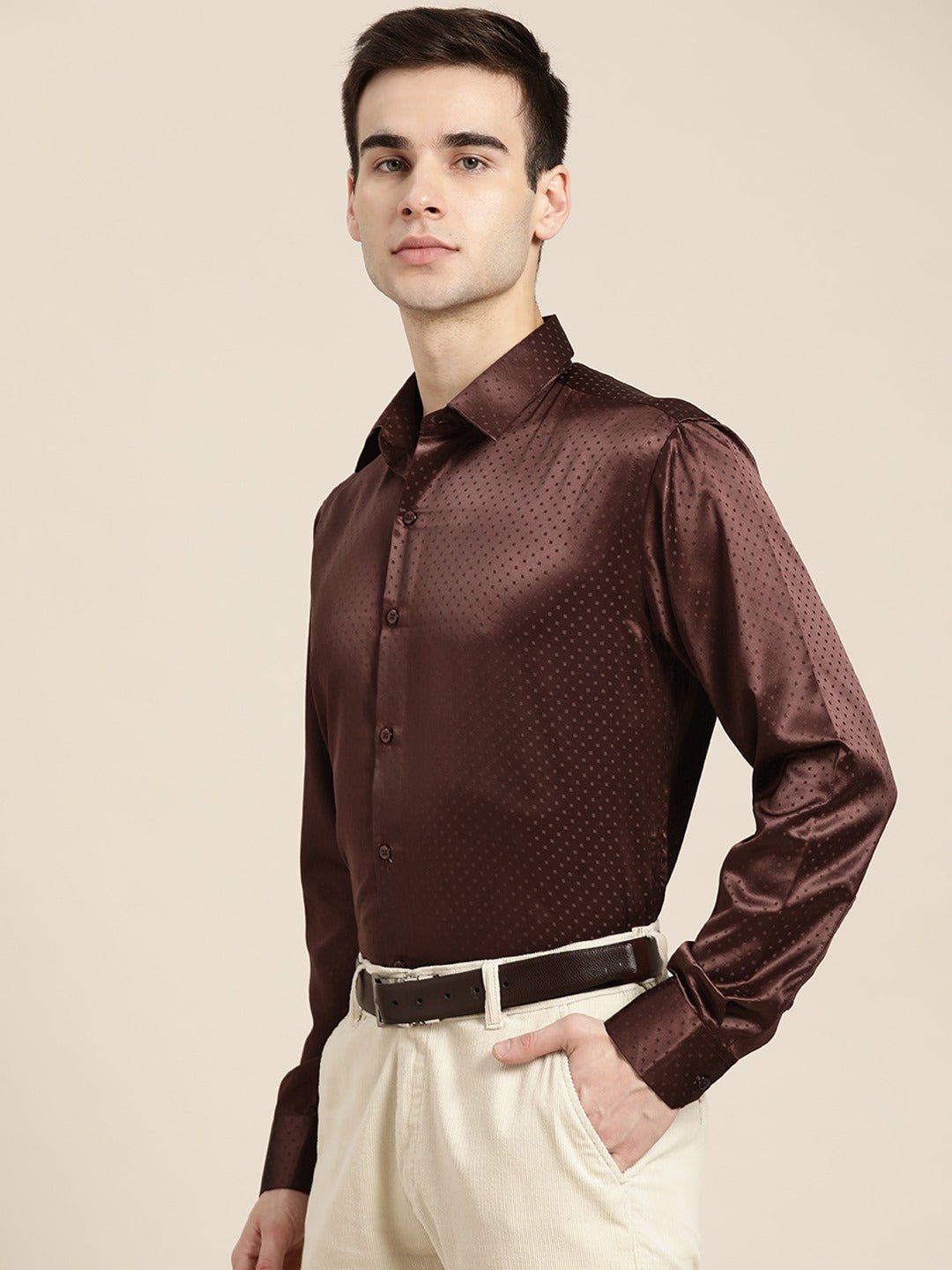 Men Maroon Solid Self Design Polyester Satin Slim Fit Party Shirt - #folk republic#