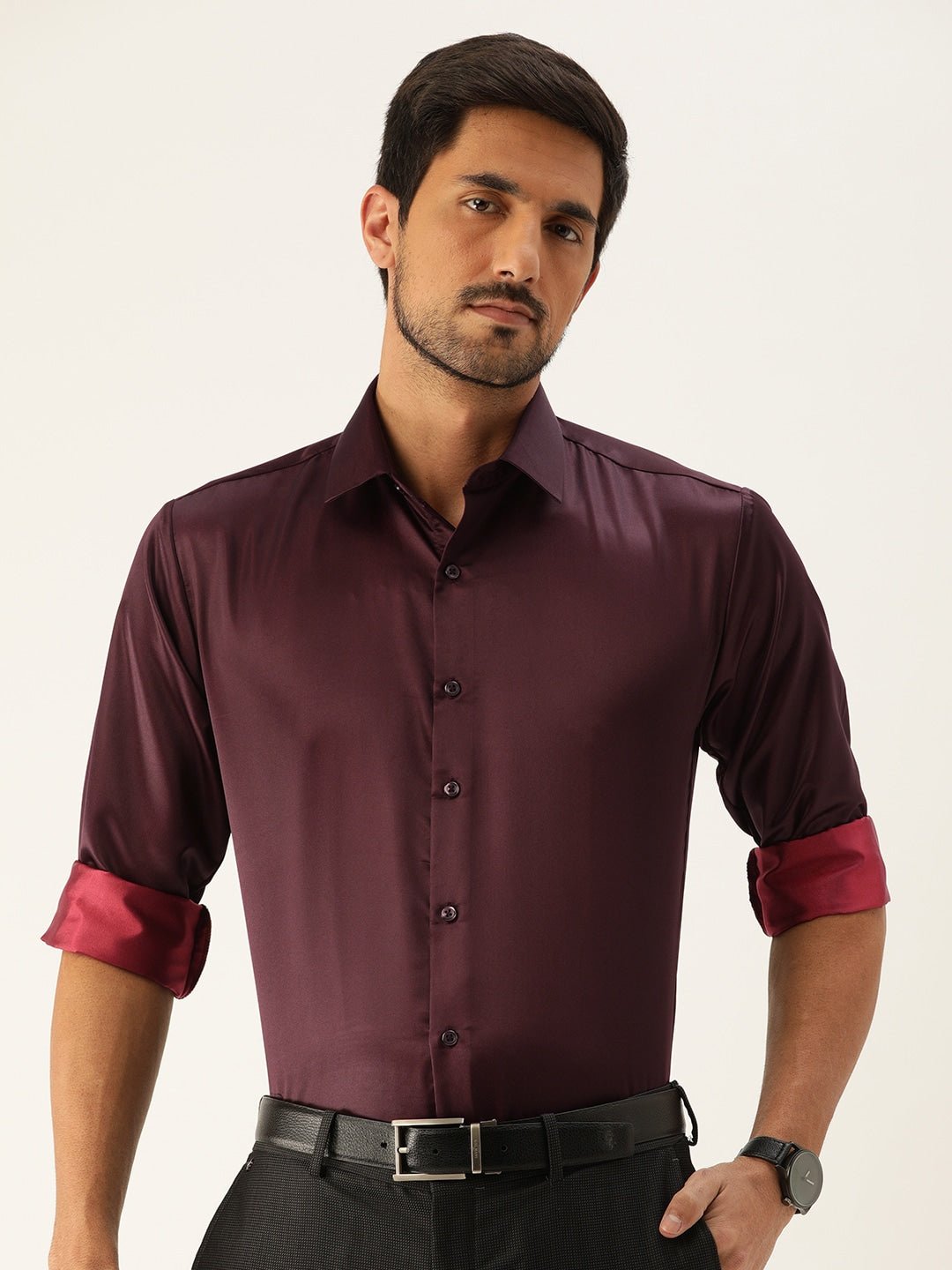 Men Maroon Solids Polyester Slim Fit Formal Shirt - #folk republic#
