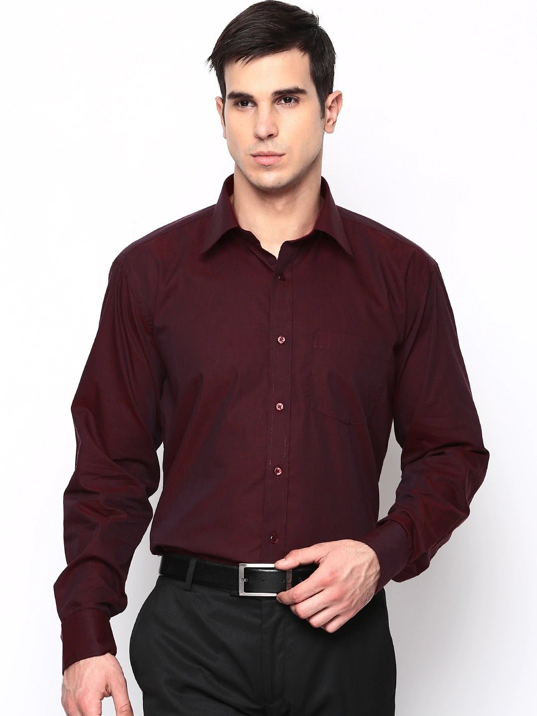 Men Maroon Solids Pure Cotton Regular Fit Formal Shirt - #folk republic#