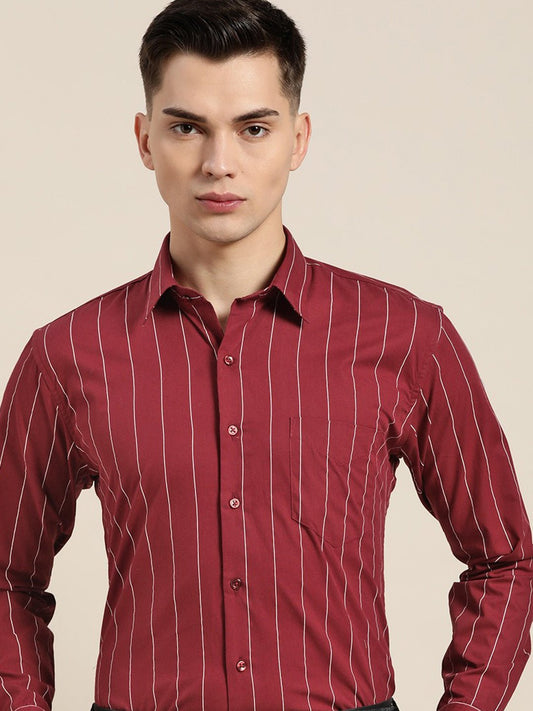 Men Maroon Stripes Pure Cotton Slim Fit Formal Shirt - #folk republic#