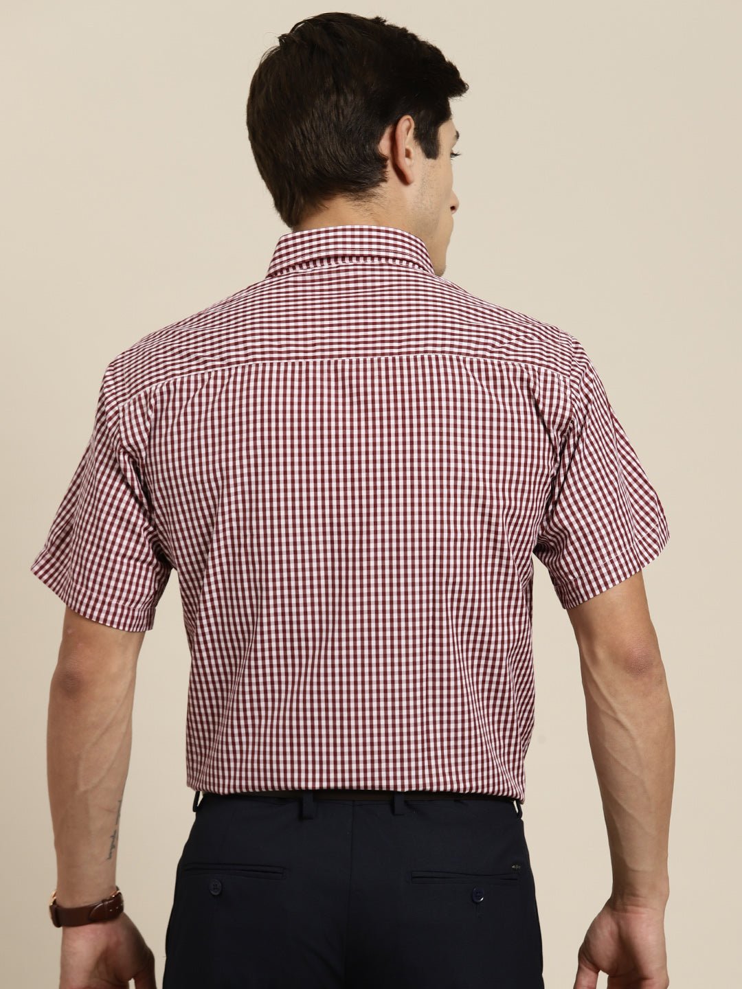 Men Maroon & White Gingham Check Short Sleeve Slim fit Formal Shirt - #folk republic#