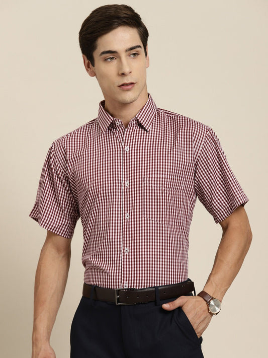 Men Maroon & White Gingham Check Short Sleeve Slim fit Formal Shirt - #folk republic#