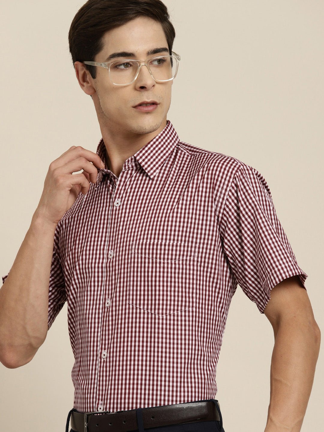 Men Maroon & White Gingham Check Short Sleeve Slim fit Formal Shirt - #folk republic#