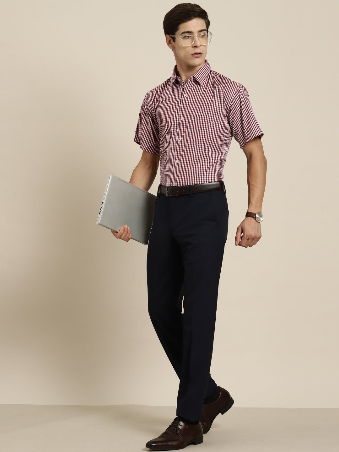 Men Maroon & White Gingham Check Short Sleeve Slim fit Formal Shirt - #folk republic#
